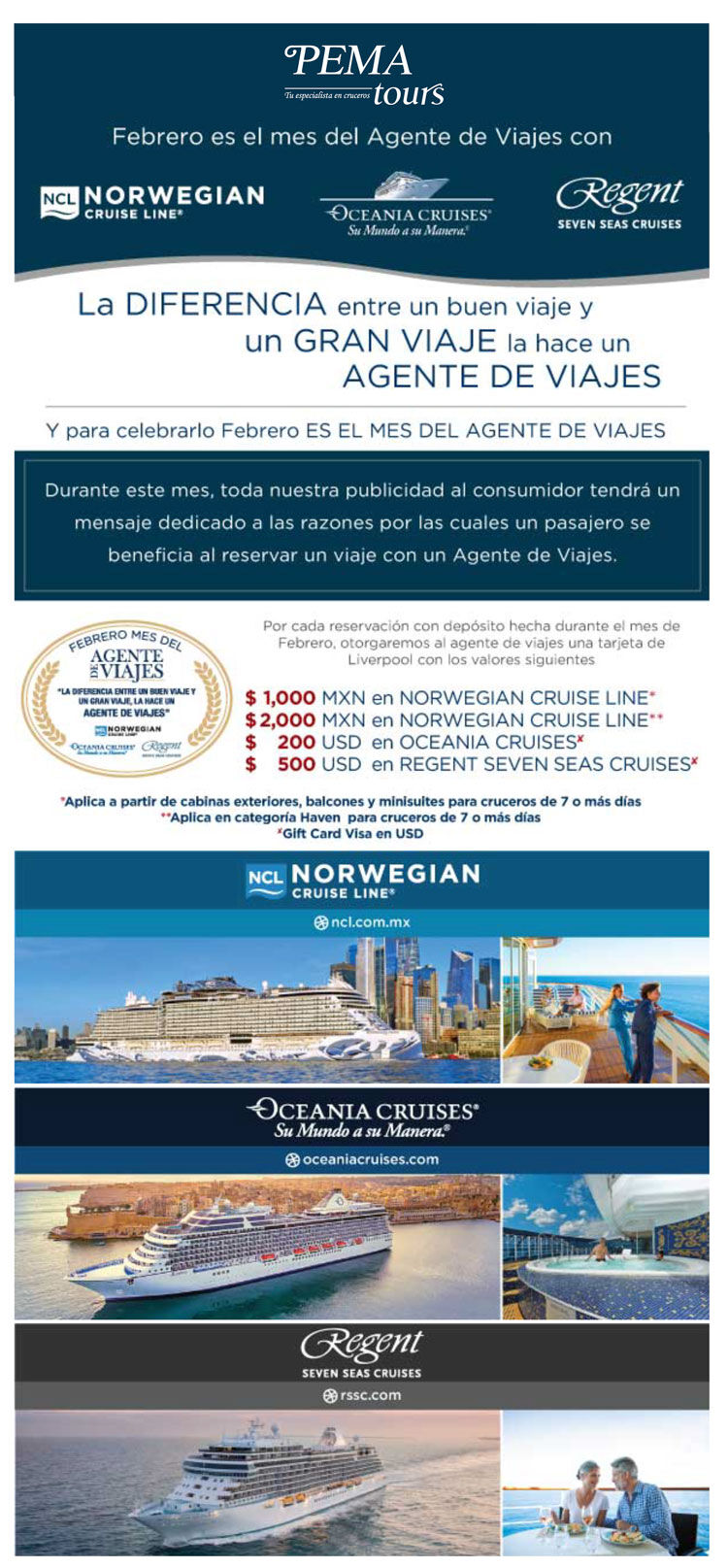 Incentivo para agentes de viajes en el mes de Febrero con Norwegian Cruise Line, Oceania Cruises y Regent Seven Seas