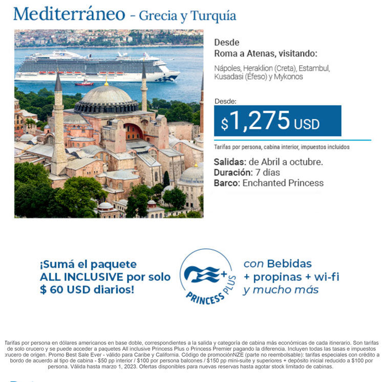 Itinerarios por mediterraneo princess cruises, con tarifas de los cruceros