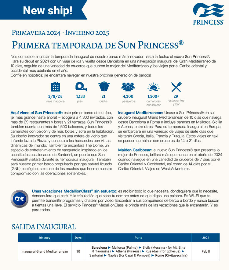 información del nuevo barco sun princess de princess cruises con salida inaugural 2024
