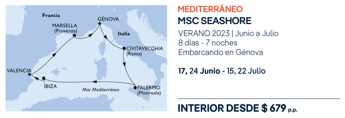 recorrido MSC SEASHORE Mediterráneo tarifa, puertos que toca