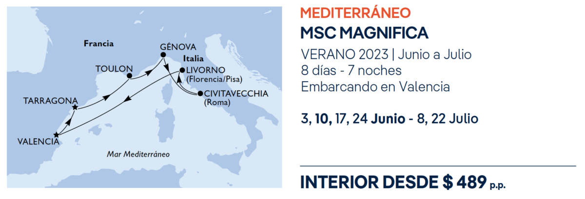 recorrido MSC Magnifica Mediterráneo tarifa, puertos que toca