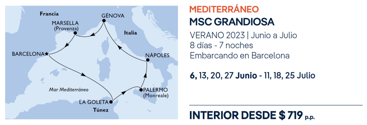 recorrido MSC GRANDIOSA Mediterráneo tarifa, puertos que toca
