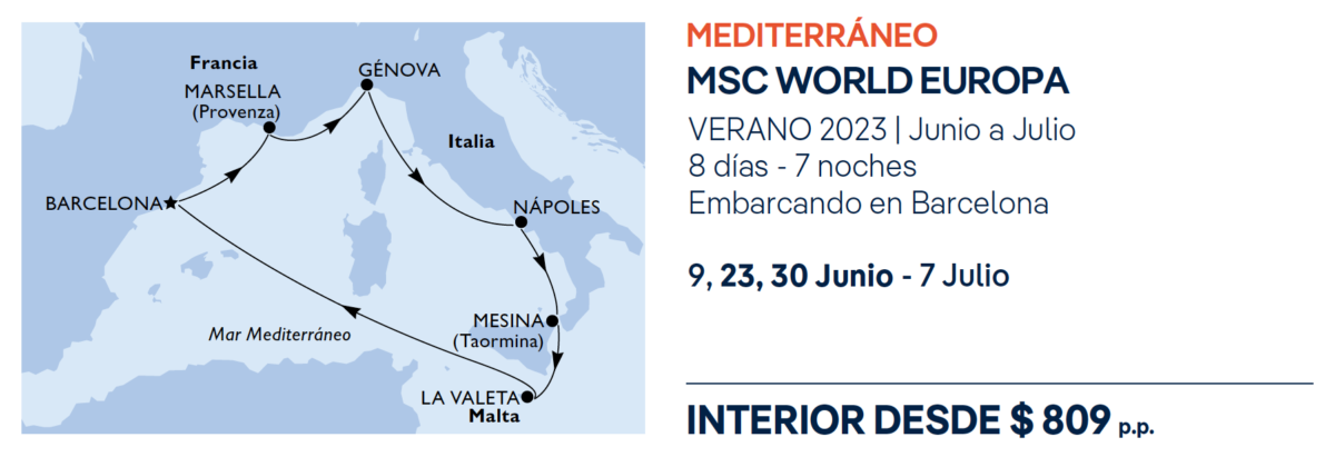 recorrido MSC WORLD EUROPA Mediterráneo tarifa, puertos que toca
