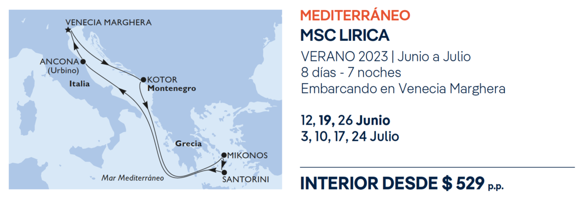 recorrido MSC LIRICA Mediterráneo tarifa, puertos que toca