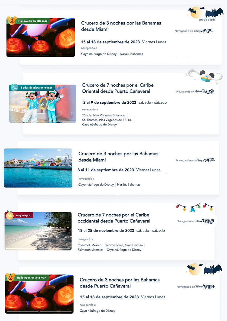 ejemplos salidas con itinerarios aplicables con promociones para disney, personajes disney, playa