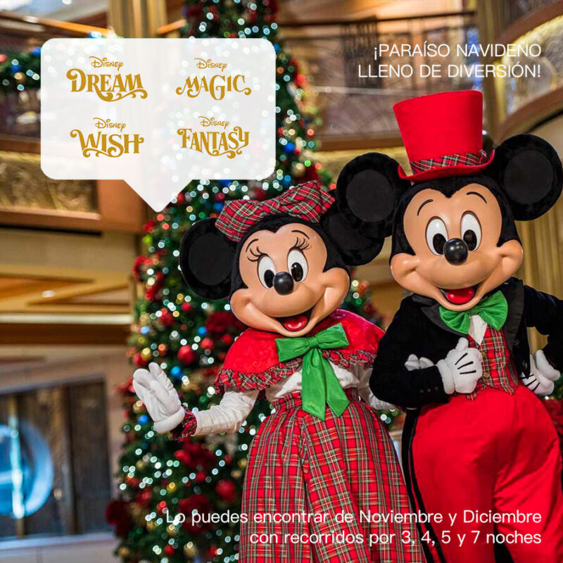 Personaje disney Mickey y Minnie con traje navideño salida tematico disney cruises