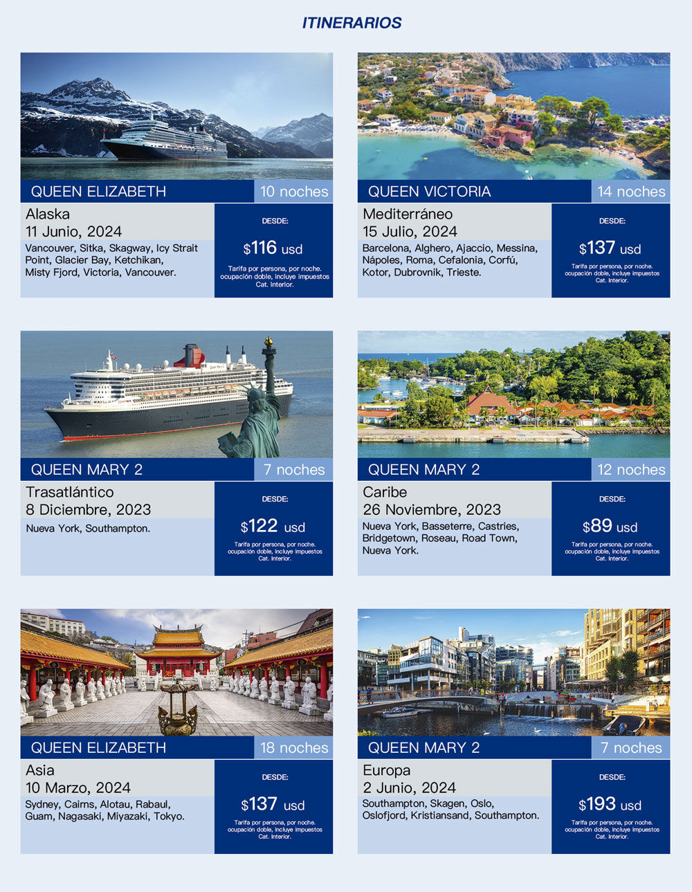 itinerarios Cunard Cruises