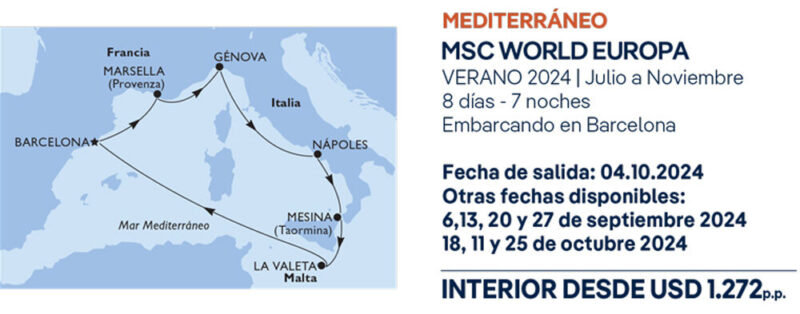 Itinerario de MSC Cruceros para el destino del Mediterraneo